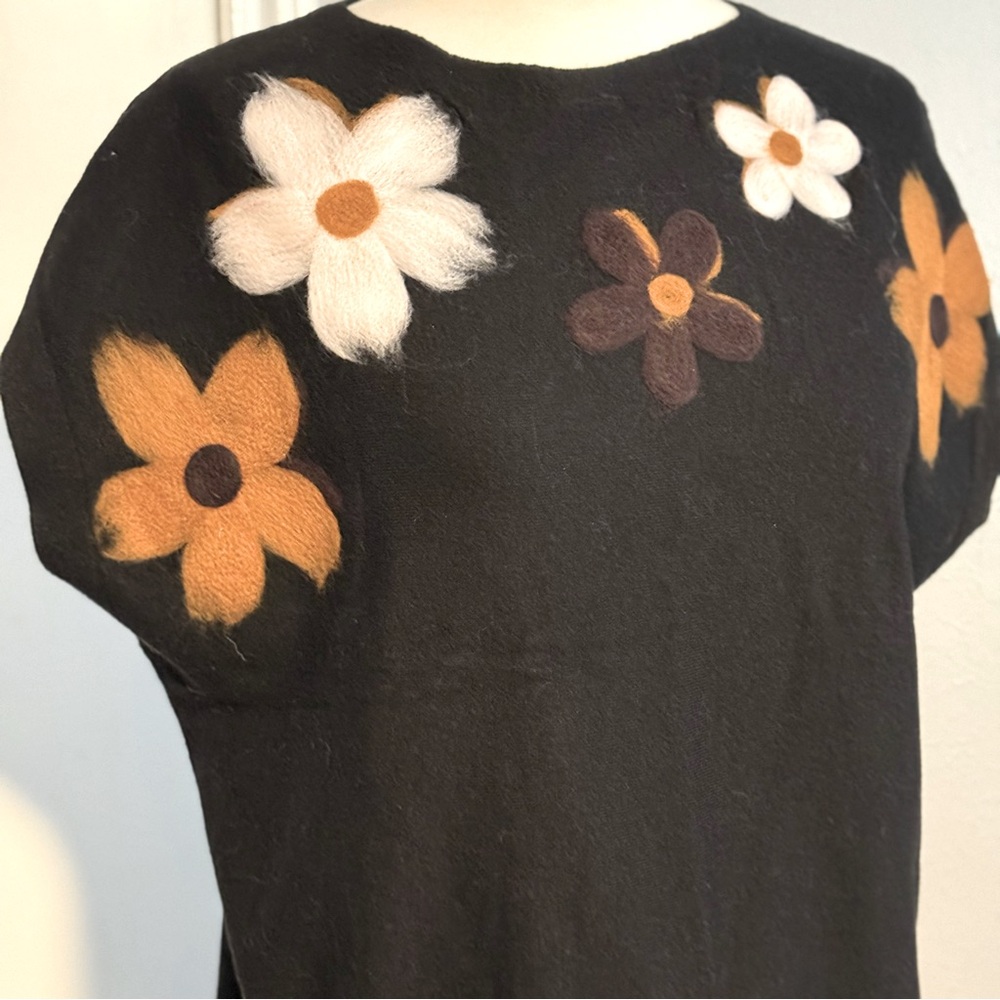 Two piece pant set:  black embroidered top with flowers